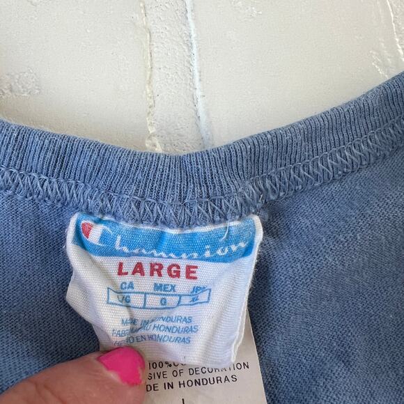 Champion Light Blue Long 100% Cotton Short Sleeve T Shirt Embroidered Logo sz L - Picture 5 of 5